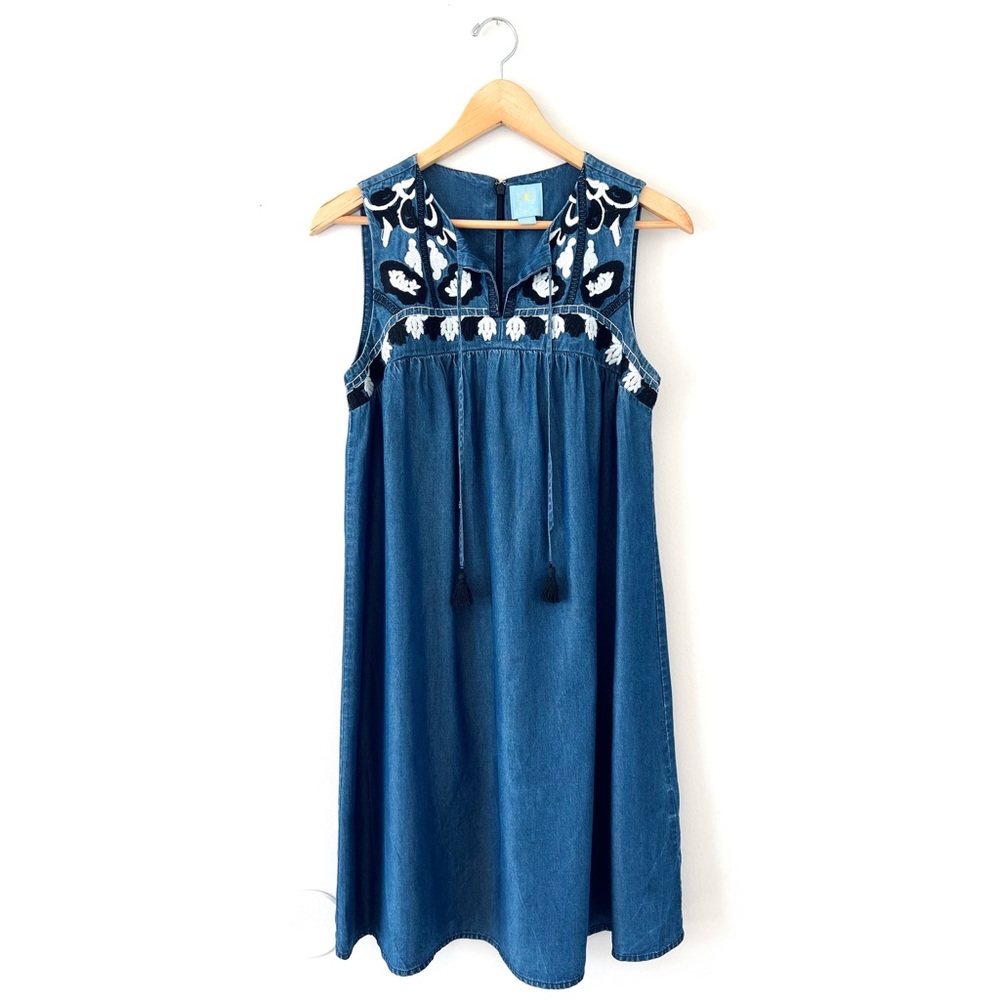 Cece 🌈 Embroidered Chambray Dottie Shift Dress in Caviar Denim - Picture 15 of 16